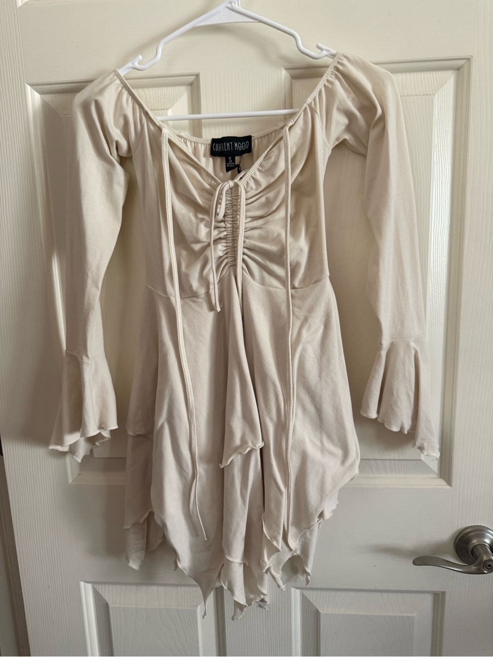 Current Mood Cream Cold-Shoulder Ruffle Handkerchief Mini Dress